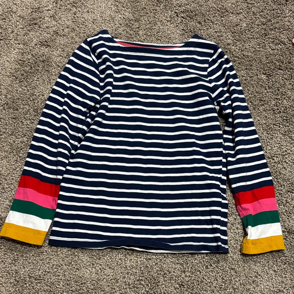 Boden Ella Long Sleeve Top Breton Navy Stripe Multi Cuff Size 7/8 Cotton